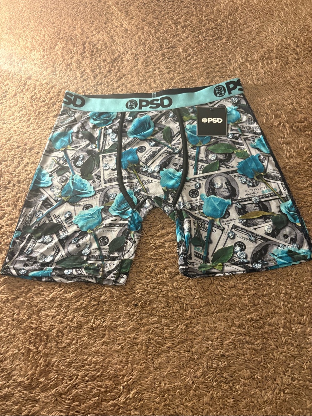 PSD Men’s Teal Rose & Money Print Boxer Briefs
